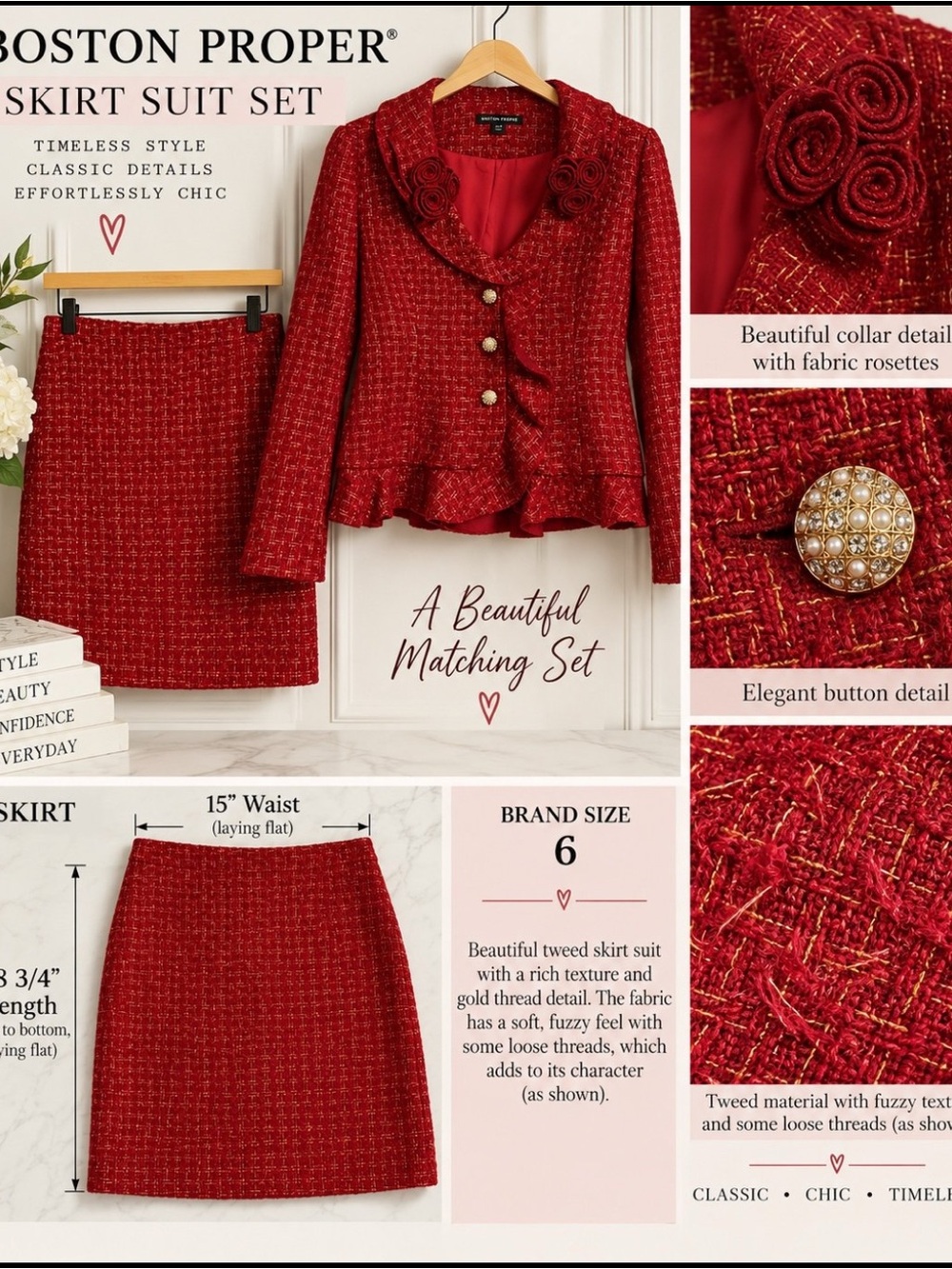 Boston Proper Red Gold Tweed Rosette Jacket & Skirt Suit Set Size 6